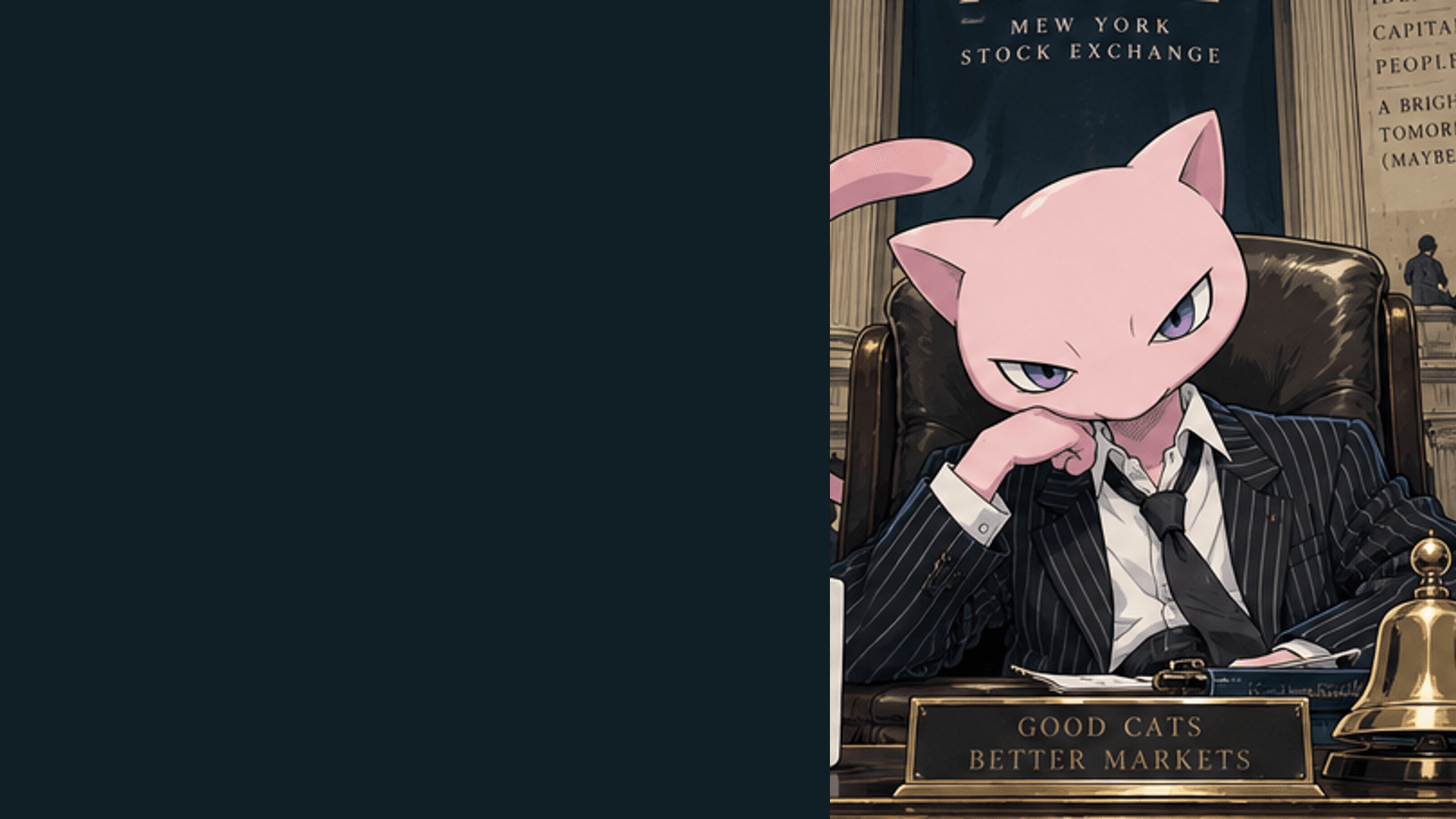 The Chairman, a pink cat in a pinstripe suit, sits at his exchange desk beside a brass bell.