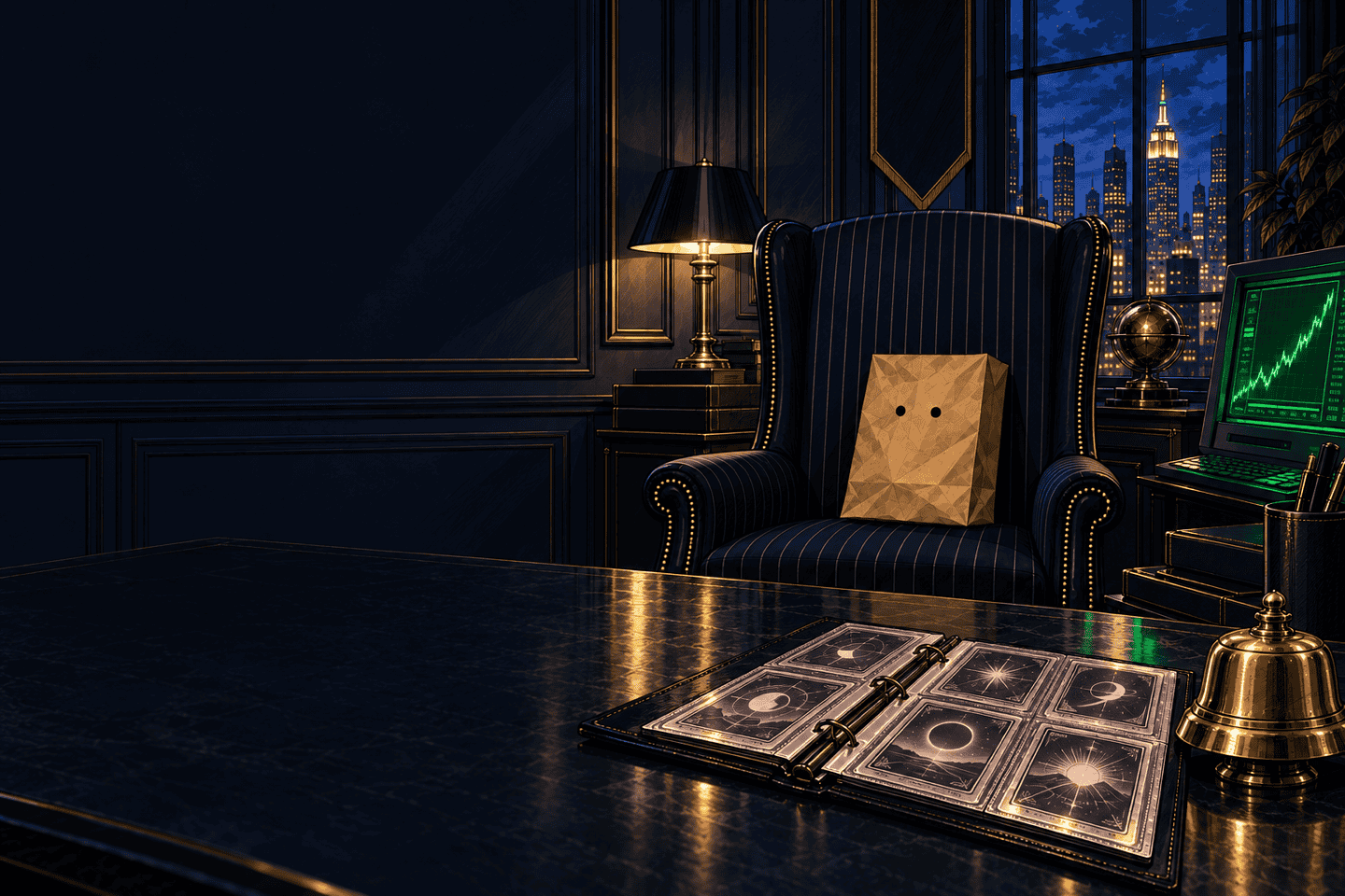 A concealed Chairman’s office, with a paper bag resting on a pinstripe chair, an open collector binder and a brass opening bell.